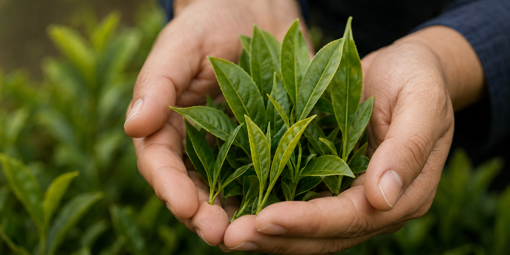 Fresh tea leaves held gently in both hands