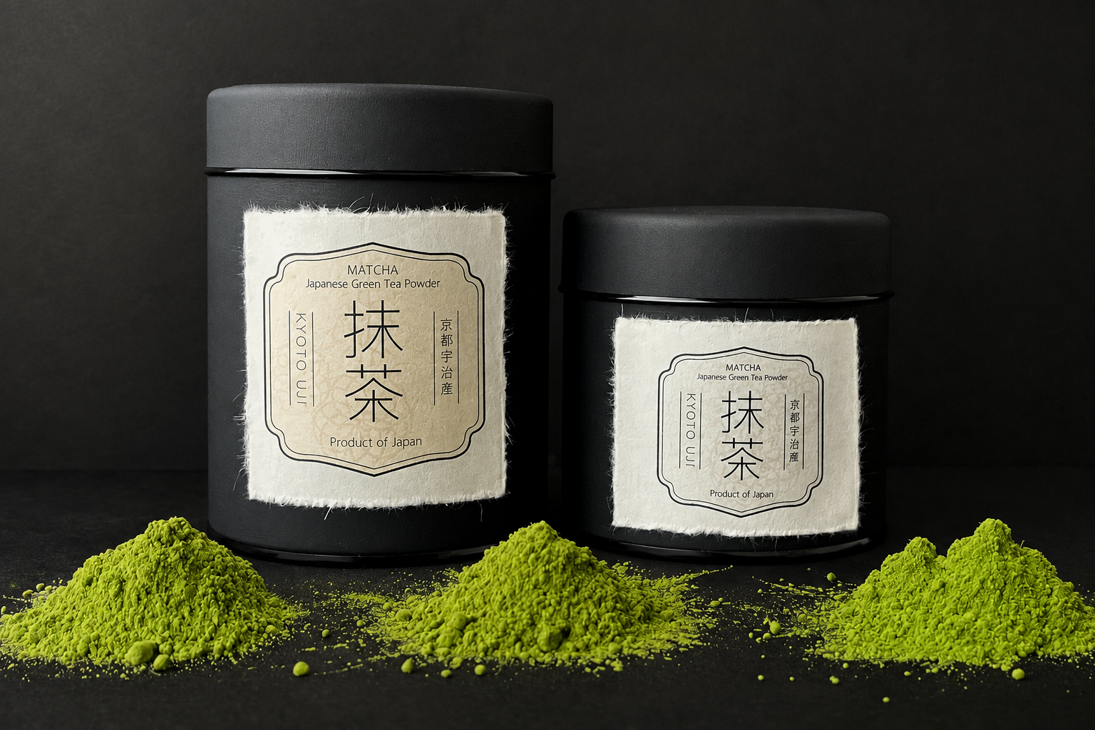 Example of two custom black matcha tins with Japanese-style labels