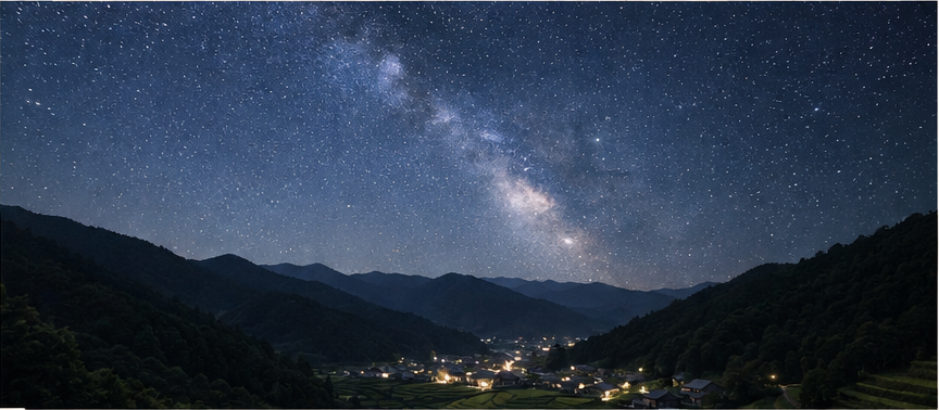 Starry night sky above Hoshino Village in Yame, Fukuoka